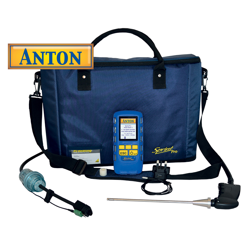 Anton Sprint Pro Flue Gas Analyser leaning against a blue Sprint Pro soft carry case. Next the the flue gas analyser there is a mains charger, flue probe, and condensation trap. Anton's logo is in the top left corner of the image.