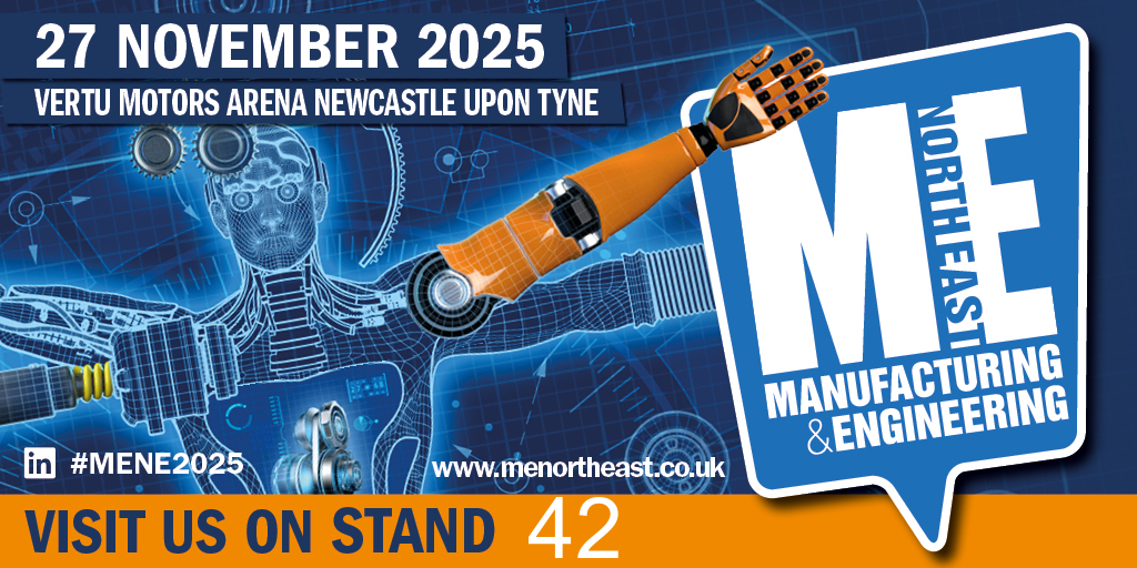 On the left is a robotic version of the Vitruvian man. To the right of the man is a large version of MENE's logo. At the bottom of the banner  blue text on an orange background reads "Visit Us On Stand 42". (42 is in white) In the top left white text on a blue background reads "27 November 2025 Vertu Motors Arena Newcastle Upon Tyne".  
