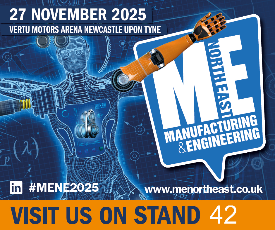 On the left is a robotic version of the Vitruvian man. On the right is a large version of MENE's logo. At the bottom blue text on an orange background reads "Visit Us On Stand 42". (42 is in white) At the top white text on a blue background reads "27 November 2025 Vertu Motors Arena Newcastle Upon Tyne".