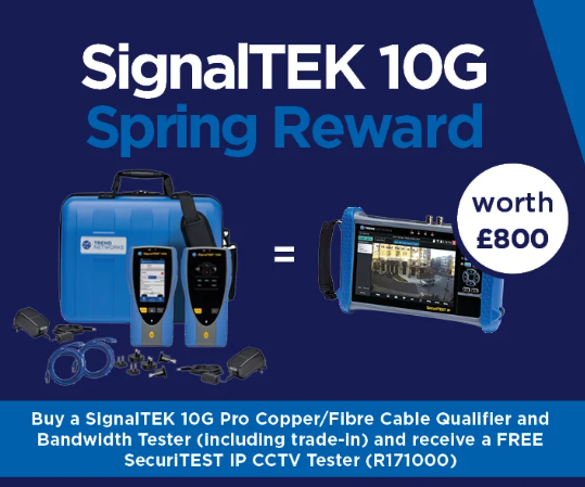 Large text on a blue background reads "SignalTEK 10G Spring Reward". Beneath this on the left is a SignalTEK 10G PoE Ethernet Transmission Tester and on the right is a SecuriTEST IP CCTV Tester. To the right of this is a white circle with blue text that reads "worth £800".