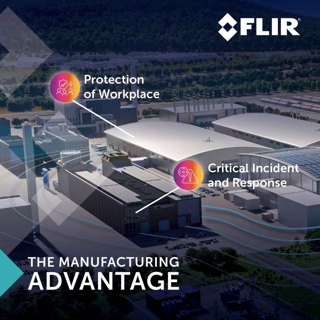 A photo of a manufacturing plant with labels. At the back a label points to a warehouse, it reads "Protection of Workplace". In the foreground, a label pointing at an office building reads "Critical Incident and Response".