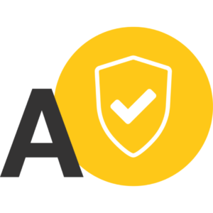 A large, grey "A" to the left of a yellow circle with a white shield featuring a tick in the centre.