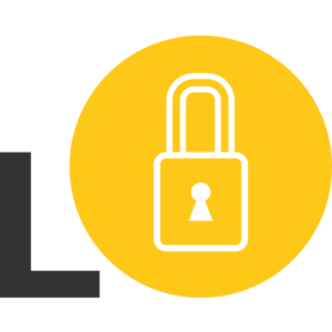 A large, grey "L" to the left of a yellow circle with a white padlock in the centre.