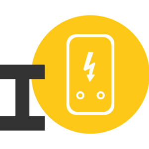 A large, grey "I" to the left of a yellow circle with a white proving unit in the centre.
