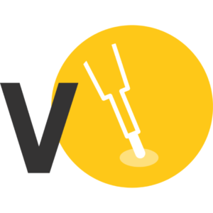 A large, grey "V" to the left of a yellow circle with a white voltage indicator in the centre.