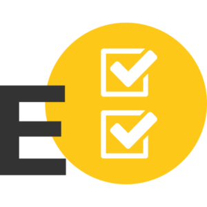 A large, grey "E" to the left of a yellow circle with two white checkboxes in the centre.