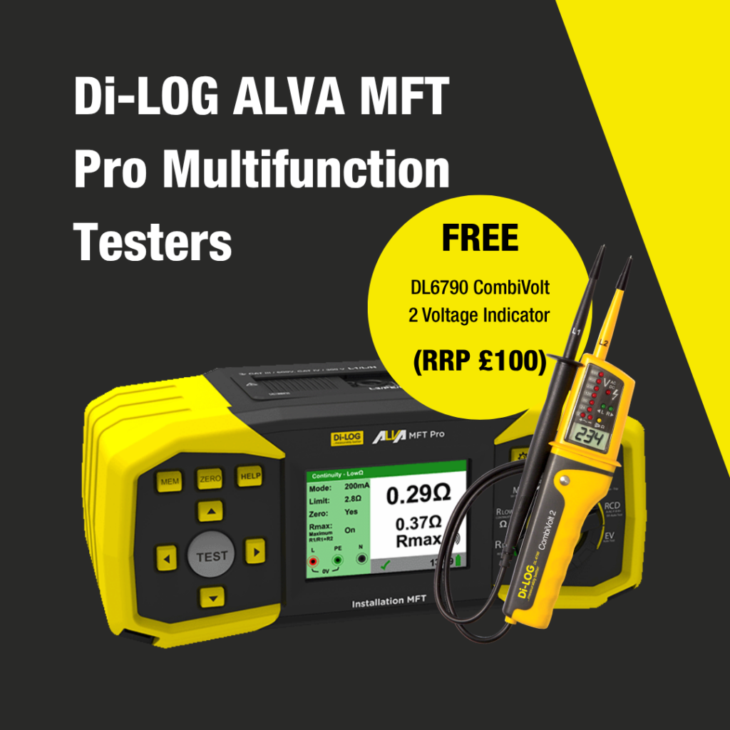 The Di-LOG ALVA MFT Pro sits on a dark grey background. Above it, large white text reads "Di-LOG ALVA MFT Pro Multifunction Testers". To the right and in front of the MFT is the DL6790 CombiVolt 2 Voltage Indicator. Above both products, black text in a yellow circle reads "FREE DL6790 CombiVolt 2 Voltage Indicator (RRP £100)"