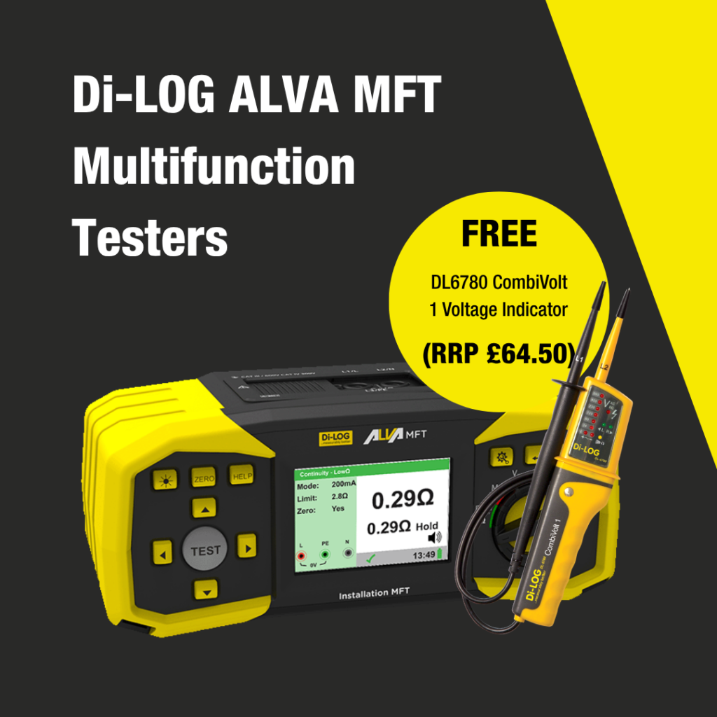 The Di-LOG ALVA MFT sits on a dark grey background. Above it large white text reads "Di-LOG ALVA MFT Multifunction Testers". To the right and in front of the MFT is the DL6780 CombiVolt 1 Voltage Indicator. Above both products, black text in a yellow circle reads "FREE DL6780 CombiVolt 1 Voltage Indicator (RRP £64.50)"