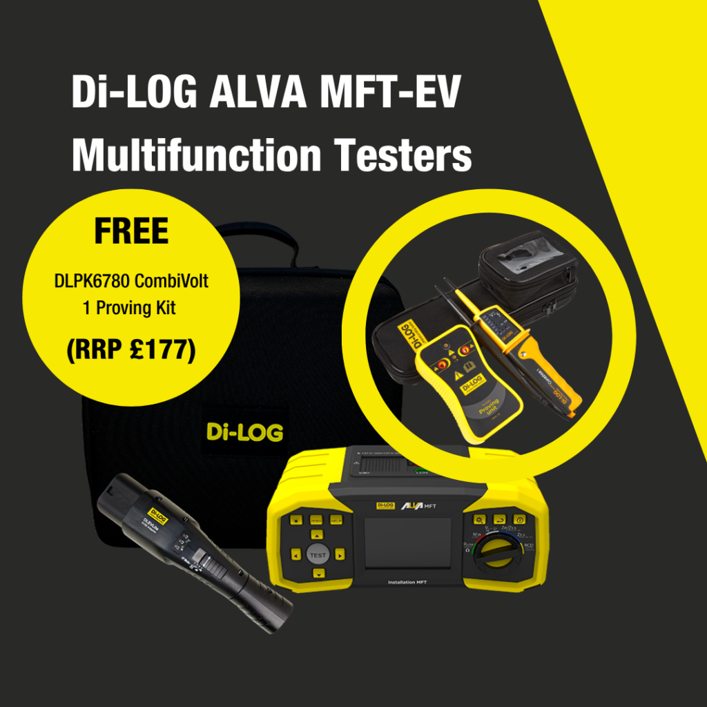 The Di-LOG ALVA MFT EV Kit (with adapter and bag) sits on a dark grey background. Above it, large white text reads "Di-LOG ALVA MFT-EV Multifunction Testers". Above and to the right of the MFT, the DLPK6780 CombiVolt 1 Proving Kit is contained in a yellow frame.  To the left of the MFT and overlapping the Di-Log case, black text in a yellow circle reads "FREE DLPK6780 CombiVolt 1 Proving Kit (RRP £177)"