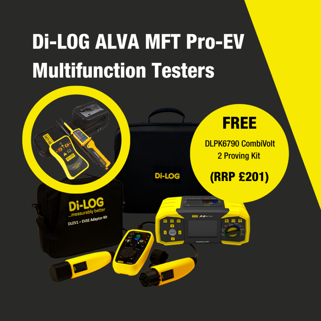 The Di-LOG ALVA MFT Pro EV Kit (with adapters and bags) sits on a dark grey background. Above it, large white text reads "Di-LOG ALVA MFT Pro-EV Multifunction Testers". Above and to the left of the MFT, the DLPK6790 CombiVolt 2 Proving Kit is contained in a yellow frame.  To the right of the MFT and overlapping the Di-Log case, black text in a yellow circle reads "FREE DLPK6790 CombiVolt 2 Proving Kit (RRP £201)"