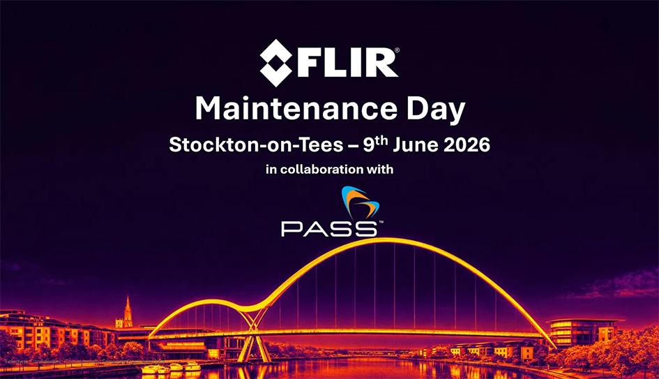 At the top and centre of the image is the FLIR logo. Beneath this large white text reads "Maintenance Day Stockton-On-Tees - 9th June 2026 in collaboration with". Then, beneath this text, is the PASS logo. All of this is on a dark purple background. Beneath this is a mock-thermal image of Stockton featuring the River Tees with buildings on either side and the infinity bridge.