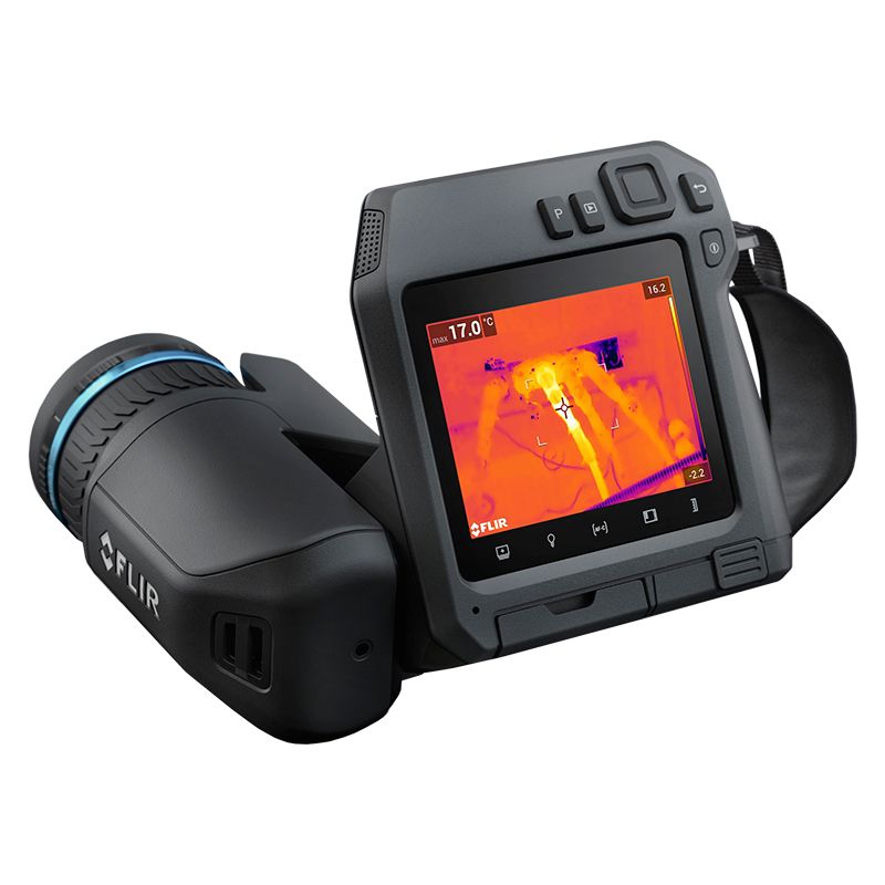 A FLIR T540 Thermal Camera facing backwards. A thermal image depicting wires is visible on its touchscreen display. 