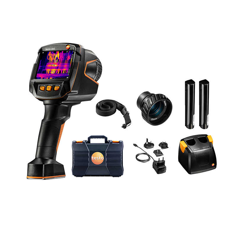 Left to right: Testo 883 Thermal Imager with a thermal image of a fuse box on the screen, hard carry case, strap, plug and adapters, lens attachment, battery charger, and batteries. 