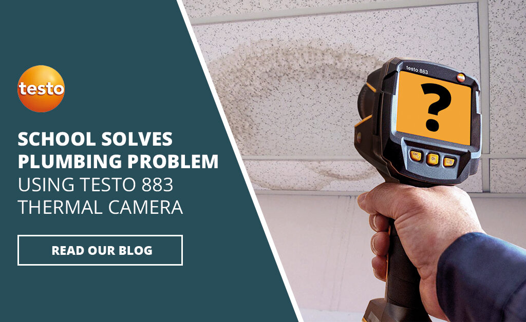 Testo 883 Thermal Imager pointed at a wall with a question mark on the screen. The image includes a Testo logo and the caption 'School Solved Plumbing Problem using Testo 883 Thermal Camera'. 