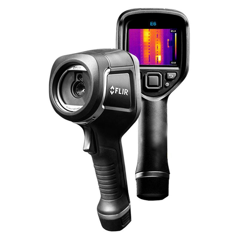 FLIR E6-XT Thermal Camera - one facing the front and one facing the back. A thermal image of a circuit board is visible on the display. 