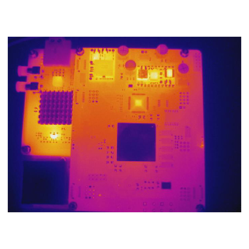Thermal image of the circuity board indicating hotspots.