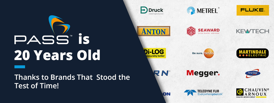 Banner depicting a selection of brand logos on a white background on the right. The text 'PASS is 20 Years Old Thanks to Brands That Stood the Test of Time' is on the left of the banner on a blue background.