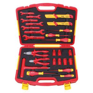 Red and yellow 25 piece insulated tool kit contained in an open red and yellow hard case. 