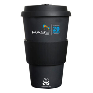 Black bamboo coffee cup with the PASS 20 Years Logo, a black silicone lid, and silicone holder. 