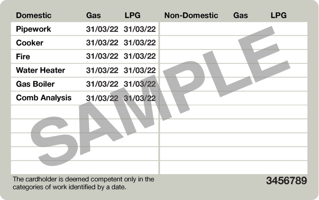 Back of a sample Gas Safe ID card listing the types of gas and gas appliances the engineer is qualified to work on. 