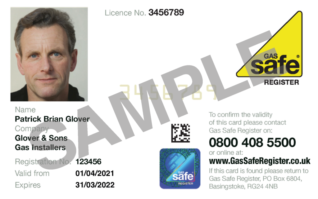 Front of a sample Gas Safe ID Card with Gas Safe Register's logo and contact details, as well as the engineer's photo, name, and company. 