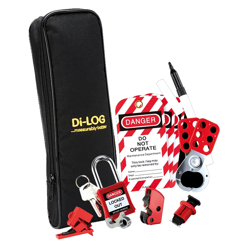 DiLog DLL0C3 18th Edition Professional Lockout Kit including a black DiLog Soft Case, 'Do Not Operate' labels, a felt pen, red lockout padlock and key, red lockout hasps, and red MCB lockout devices. 
