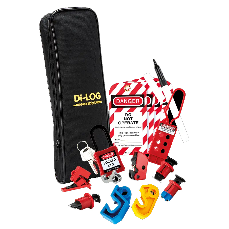 DiLog DLL0C4 18th Edition Expert Lockout Kit including a black DiLog Soft Case, 'Do Not Operate' labels, a felt pen, red lockout padlock and key, red lockout hasps, and red, yellow, and blue MCB lockout devices. 
