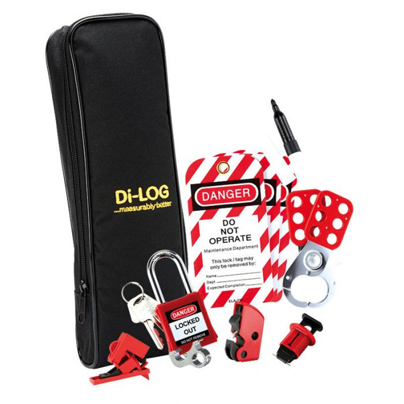 DiLog DLL0C3 18th Edition Professional Lockout Kit including a black DiLog Soft Case, 'Do Not Operate' labels, a felt pen, red lockout padlock and key, red lockout hasps, and red MCB lockout devices. 