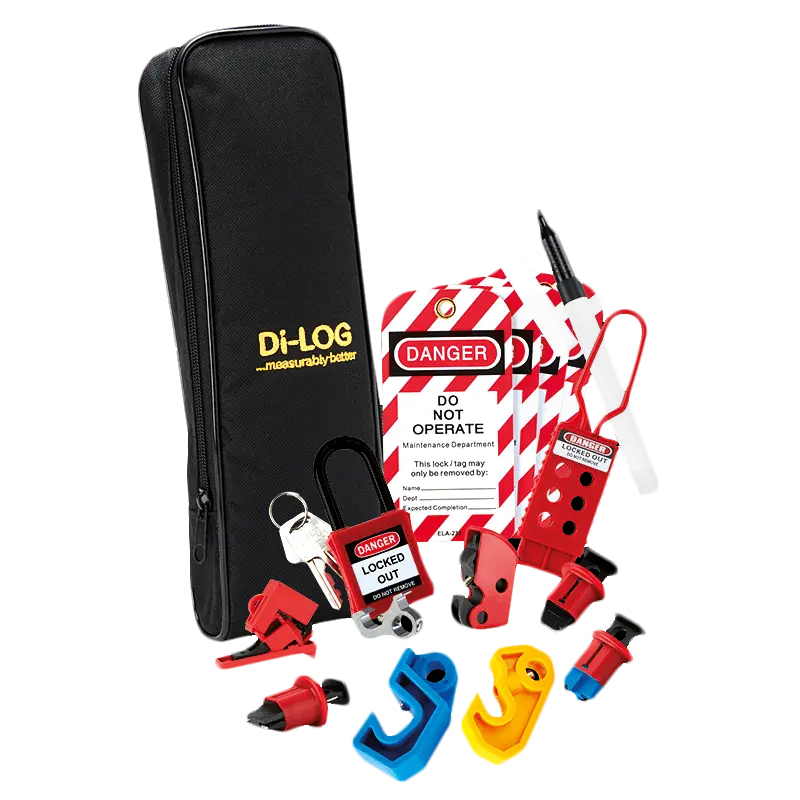 DiLog DLL0C4 18th Edition Expert Lockout Kit including a black DiLog Soft Case, 'Do Not Operate' labels, a felt pen, red lockout padlock and key, red lockout hasps, and red, yellow, and blue MCB lockout devices. 