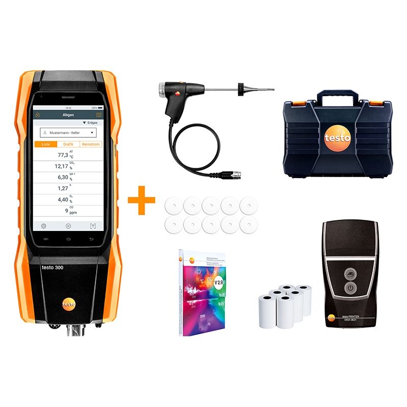 Testo 300LL Flue Gas Analyser with probe, hard case, printer, labels, and software. 