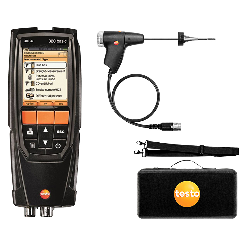 Testo 320B Flue Gas Analyser - Standard Kit: 320B analyser, flue probe, testo case, and shoulder strap. 