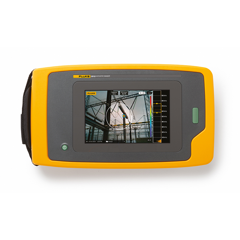 Fluke ii910 Acoustic Imager. The touchscreen display is visible; on the screen is an image of a fault found at a pylon. 