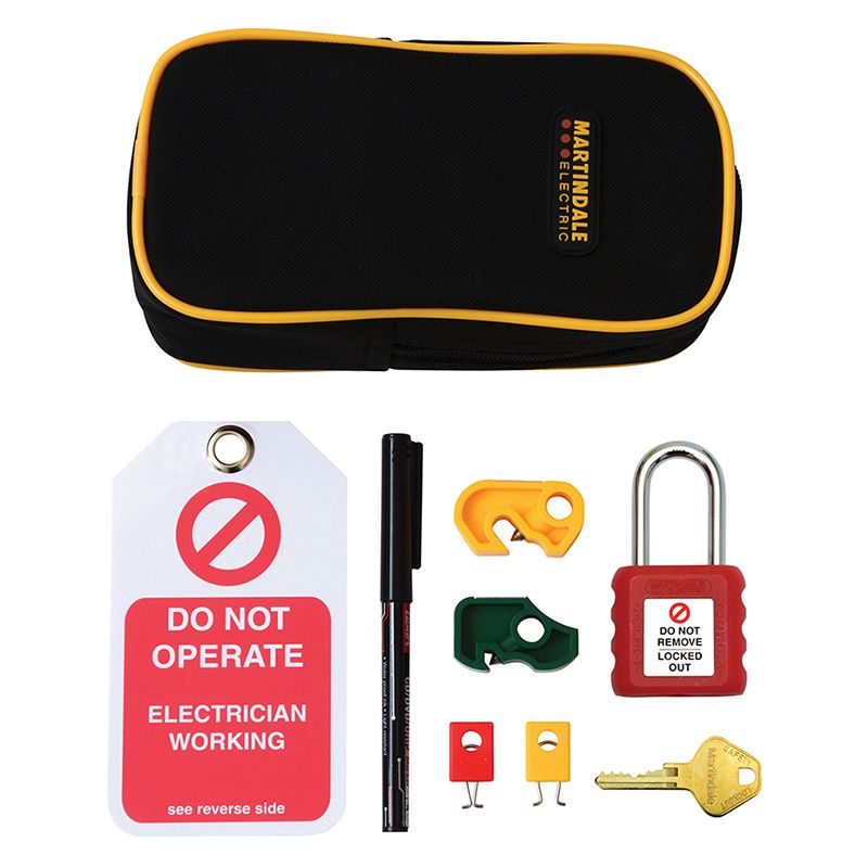 Martindale LOKKIT2PLUS Domestic Installer Lockout Kit featuring a Martindale black, soft carry case, red and white 'DO NOT OPERATE' tag, black, felt pen, a yellow isolation lock, green mini MCB lock, red padlock with key, red MCB lock, and a yellow MCB lock.