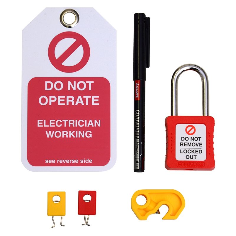 Martindale LOKKITBASE Basic Lockout Kit featuring (from left to right on the top line) a red and white 'DO NOT OPERATE' tag, black, felt pen, red padlock, (from left to right on the bottom line) yellow MCB lock, red MCB lock, and a yellow isolation lock.
