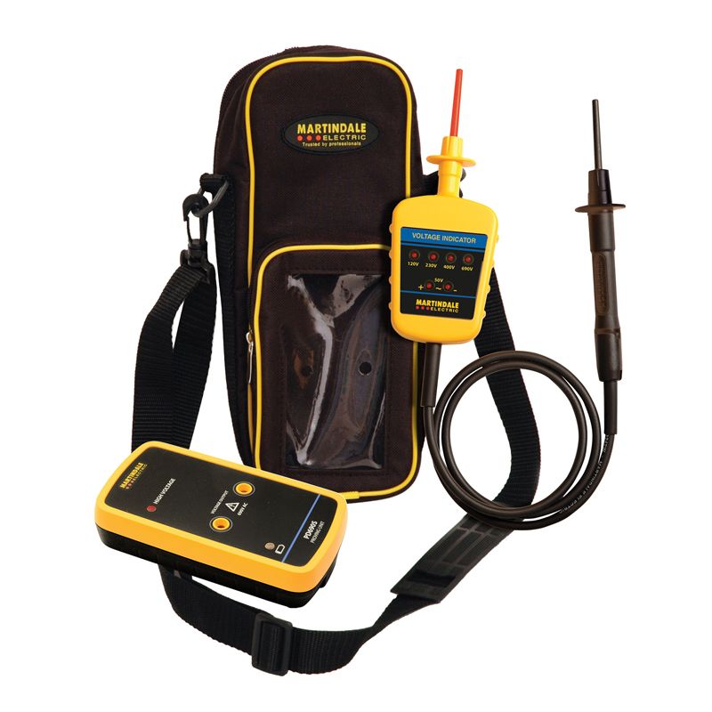 Martindale VIPD150-S Voltage Indicator & Proving Unit Kit featuring (from left to right) a PD690S Proving Unit, TC71 Combination Carry Case, and a VI15000 Voltage Indicator. 