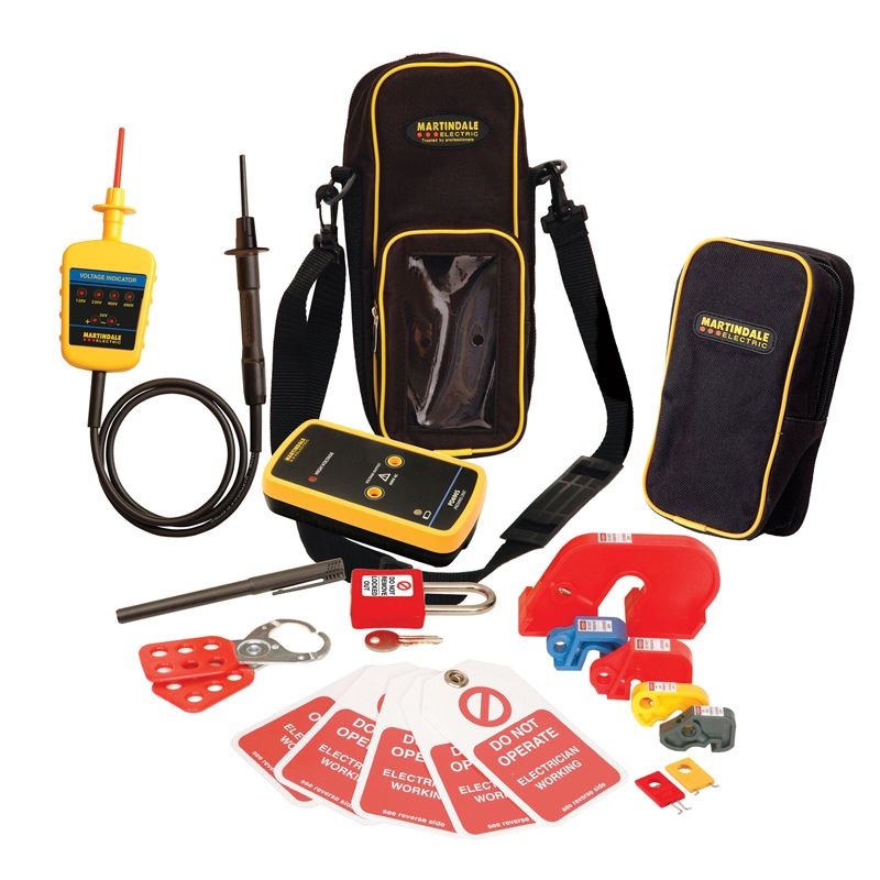 Martindale VIPDLOK150-S Voltage Indicator, Proving Unit & Lockout Kit featuring (top line from left to right) a VI15000 Voltage Indicator, PD690S Proving Unit, TC70 Combination Carry Case, soft carry case (second line from left to right), black felt pen, hasp, red padlock and key, large red MCB lock, blue medium MCB lock, red small MCB lock, yellow min MCB lock, grey mini MCB lock, (third line from left to right), five red and white 'DO NOT OPERATE' tags, red mini push pin MCB lock, yellow mini push pin MCB lock. 
