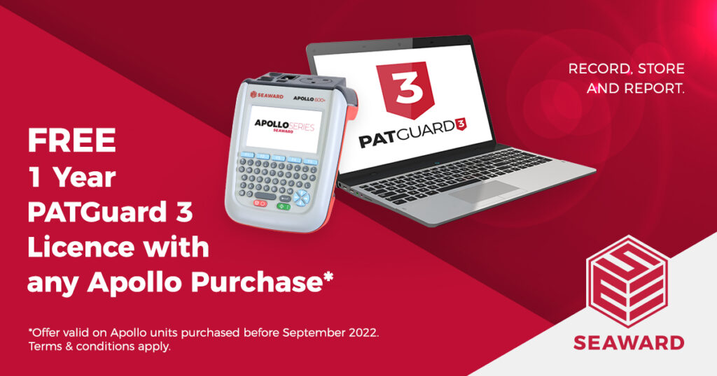 In the centre of the image on a red background are an Apollo PAT Tester and laptop with the PATGuard 3 logo on the screen. To the left, in bold, large, white text reads "FREE 1 Year PATGuard 3 Licence with any Apollo Purchase*" and beneath this in small white text it reads "*Offer valid on Apollo units purchased before September 2022. Terms & conditions apply". In the top right corner, "RECORD, STORE AND REPORT" are written in white text. In the bottom right corner is the Seaward logo. 