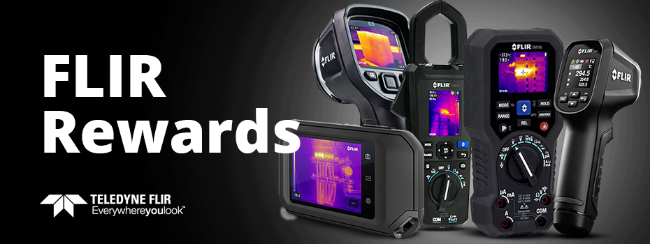 Black background with a selection of FLIR products on the right with the white text 'FLIR Rewards' and Teledyne FLIR logo on the left. 