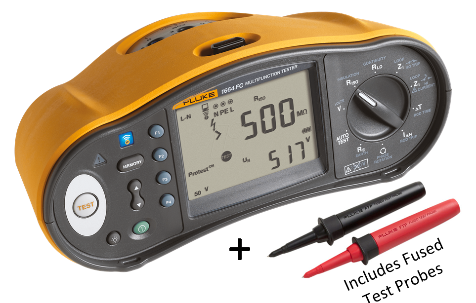 Image of a Fluke 1664 MFT, beneath the tester is a black plus sign and two fused test probes: one black and one red. Underneath the probes black text reads "Includes Fused Test Probes". 