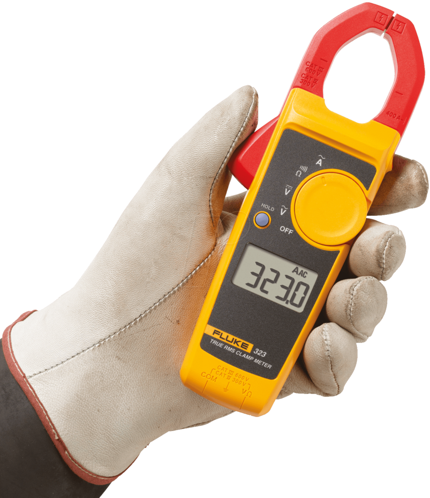 White gloved hand holding a Fluke 323 TRM Clamp Meter 