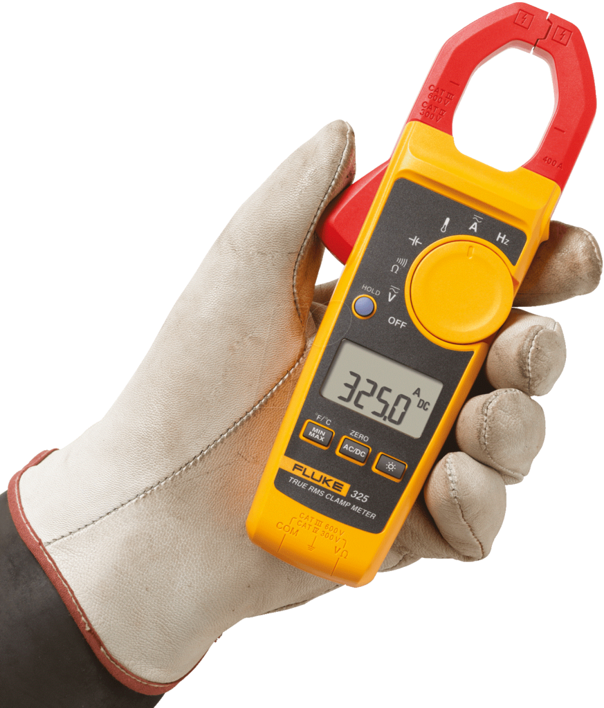 White gloved hand holding a Fluke 325 TRMS Clamp Meter 