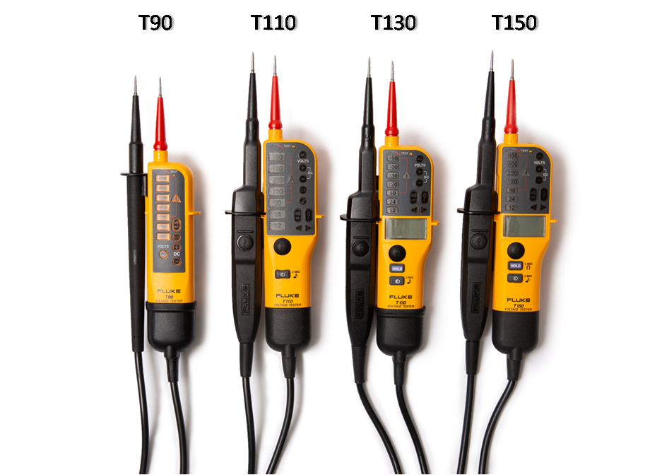 An image of the four models in Fluke's T-Series of Two Pole Voltage & Continuity Testers. From left to right, the T90, T110, T130, T150. Their model codes (e.g. T90) are printed in black font above each corresponding models. 
