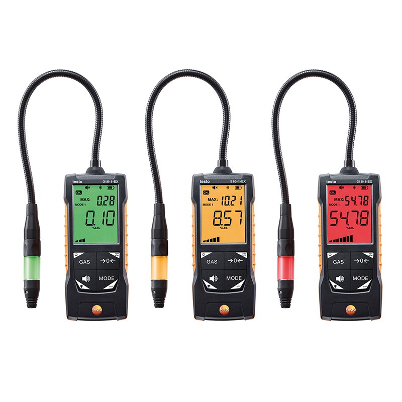Three Testo 316-1 Ex Gas Leak Detectors. The probe LEDs and digital displays are different colours. From left to right the probe LEDs and displays are green, yellow, and red.  