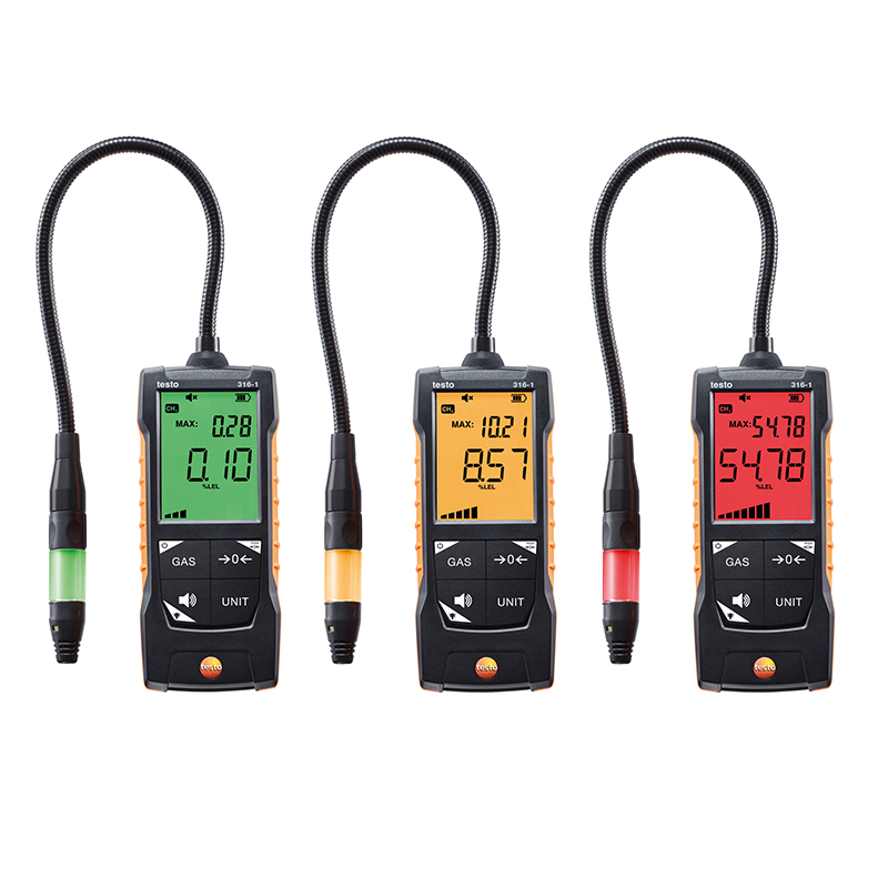 Three Testo 316-1 Gas Leak Detectors. The probe LEDs and digital displays are different colours. From left to right the probe LEDs and displays are green, yellow, and red.  