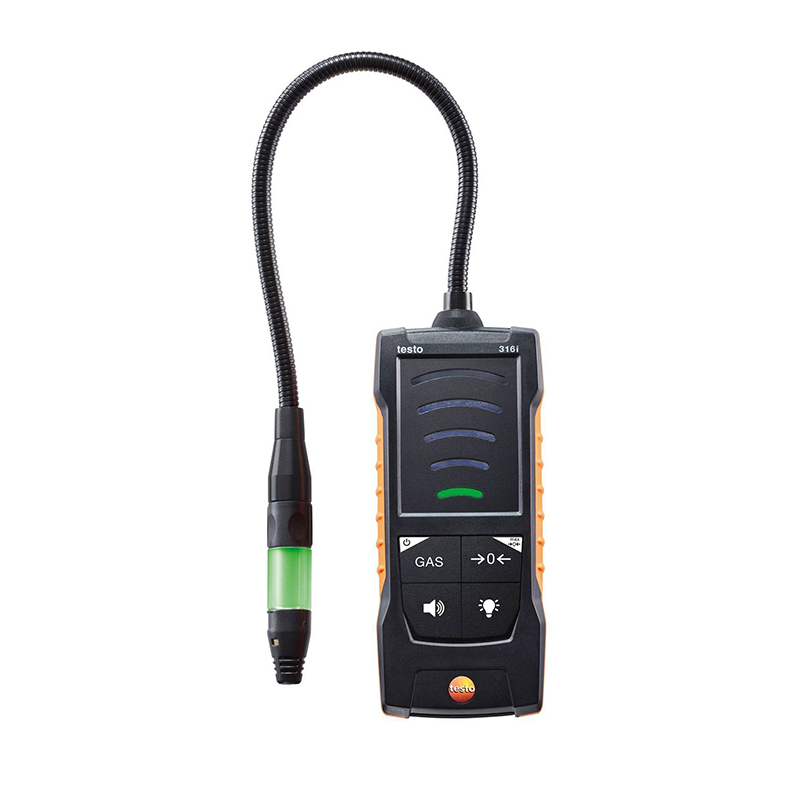 Testo 316i Gas Leak Detector - the first bar on the LED scale is green and the LED in the probe head is also green. 