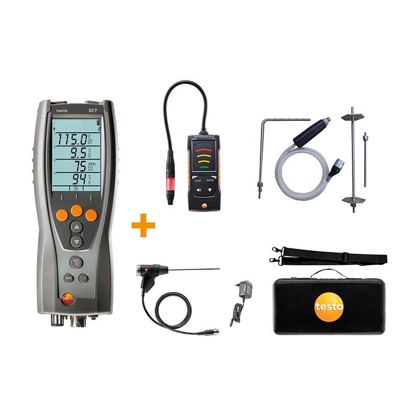 Testo 327-1 Flue Gas Analyser Standard Kit, 316i Gas Leak Detector, & CPA1 Probe Set