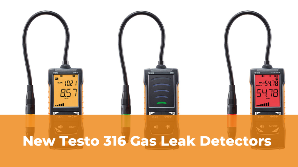 Three Testo 316 Series Gas Leak Detectors in a line on a white background. From left to right: the Testo 316-1 with an orange display and probe LED; Testo 316i with one green LED bar on the scale and a green probe LED; Testo 316-2 Ex with a red display and probe. Beneath these detectors, white text on a transparent orange background reads "New Testo 316 Gas Leak Detectors". 