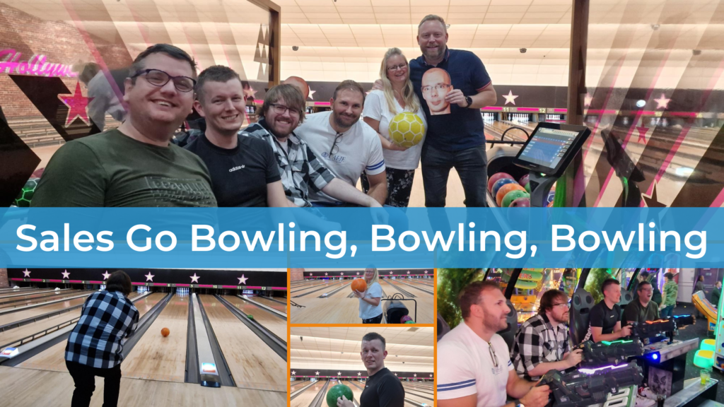 A collage of photos of the Sales team bowling and playing arcade games sits on an orange background. In the middle large, white text on a transparent blue background reads 'Sales Go Bowling, Bowling, Bowling'. 