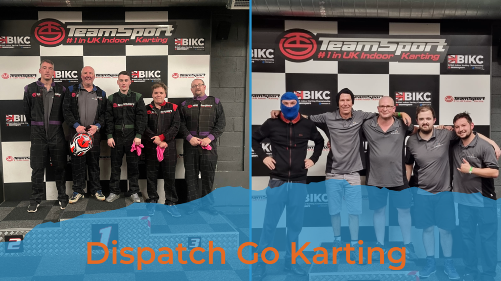 The background consists of two photos of the Dispatch team: the Monday group and the Wednesday group. Both groups stand on the karting podium. 