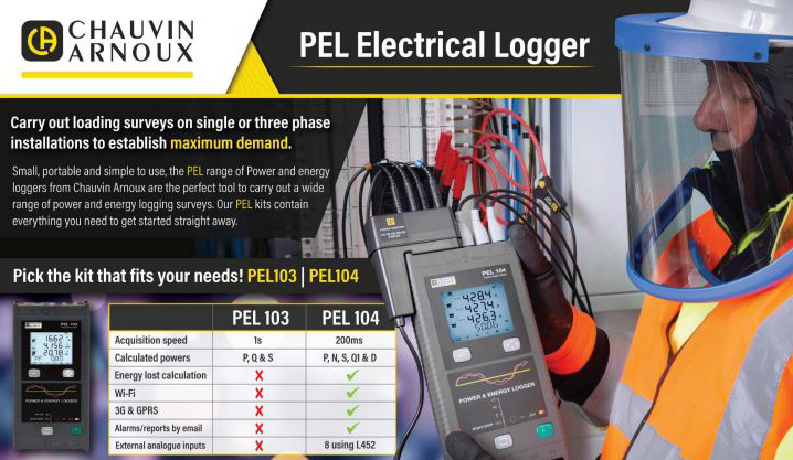 Chauvin Arnoux Advert for the PEL103 & PEL104. In the bottom left is a PEL104 and a table comparing the the PEL103 & PEL104. Above this is a brief paragraph offering a summary of the PEL103/104. The Chauvin Arnoux Logo is in the top left. Next to it a heading reads "PEL Electrical Logger". On the right of the image, a man in high-vis, work gloves, and a face shield holds a PEL104. 